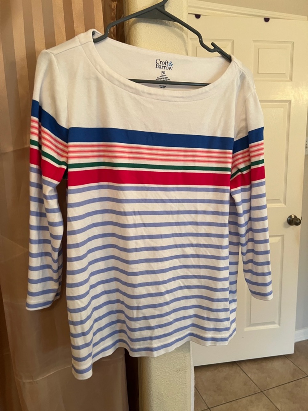 croft & barrow White Long-Sleeve Striped Top with Blue, Red, Green, Pink Accents